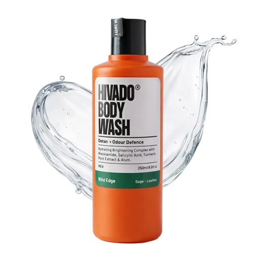 Image of HIVADO Men's De-Tan Body Wash, 250ml | Tan Removal & Skin Brightening Shower Gel with Niacinamide, Turmeric & Alum | Controls Oil, Body Odour & Back Acne | Salicylic & Lactic Acid | Sage-Leather Scent