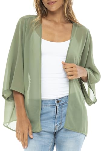Image of Back From Bali Womens Sheer Green Kimono Cardigan Short Open Front Sleeve Chiffon Duster