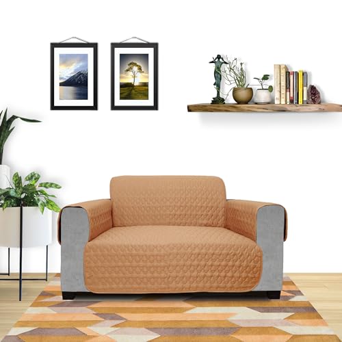 Image of Lithara 3 Layers Soft Quilted Reversible Sofa Cover 2 Seater with Pockets | Dust Protective Quilted Fabric Sofa Seat Cover Beige & Maroon