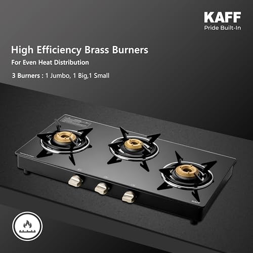 Image of KAFF CTC 77 3B Gas Stove /Cooktop 3 Burners with Manual Ignition 77 CM, High Efficiency Brass Burners, Black Tempered Glass, Enamelled Pan Support (Black)