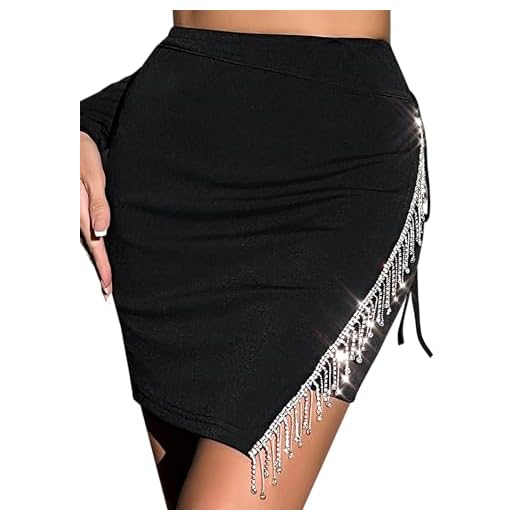 Erinaco Minissaia feminina sexy de strass com franja de cristal bodycon cintura alta saia lápis, Franja de strass preta, G