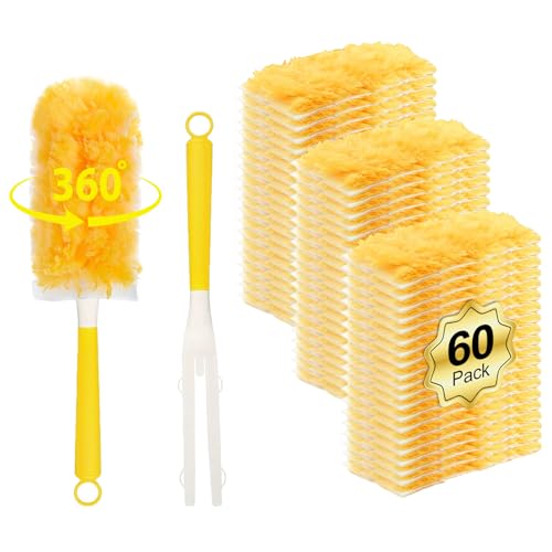 60 Count Disposable 360° Duster Refills for S-wiffer Dusters, 360 Heawy Duty Duster Kit with 2 Handle, Multi Surface Thickened Heavy Duster kit for Cleaning inclue 60 Count Dust Reflls and 2 Handle