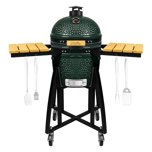 London Sunshine 15-inch Ceramic Kamado Charcoal BBQ Grill & Smoker with Locking Casters, Foldable Side Shelves, Stainless Steel Grates, and Tall Stand (Green)