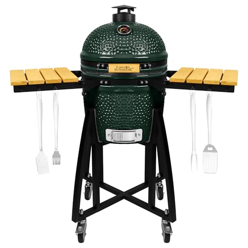 London Sunshine 15-inch Ceramic Kamado Charcoal BBQ Grill & Smoker with Locking Casters, Foldable Side Shelves, Stainless Steel Grates, and Tall Stand (Green)
