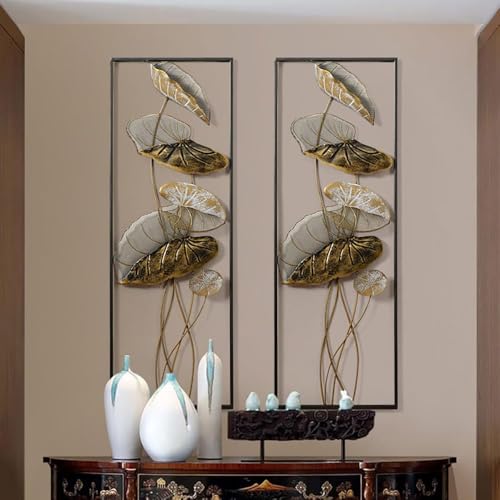 Image of F-RIQA METAL Golden Leaf Metal Wall Art Set of 2 Panels | Modern Iron Wall Hanging Decor for Living Room, Bedroom, Dining Room, Hallway & Office (36 x 13 Inch Each)