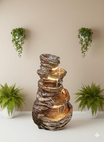 Image of 5 Steps 3.3feet Big Stone Fiber Brown Water Fountain with LED Lights & Water Pump for Home, Garden & Office Decor