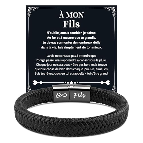 VU100 Bracelet en Cuir pour Garçons - Cadeau pour Fils - Anniversaire, Noël, Remise des Diplômes - Marron et Argent