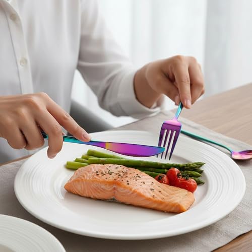 Image of 5 Pcs Rainbow Cutlery Set for Dining Table the Perfect Lightweight Silim Handle Tableware Including Dinner Spoon, Dinner Fork, Dinner Knife, Dessert Spoon & Dessert Fork