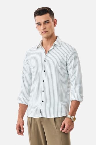 Image of SNITCH Men Casual Plus Size Shirt | Regular Fit Full Sleeve Mandarin Collar Striped Design | Premium Cotton Linen Blend & Breathable Fabric for Office & Everyday Wear