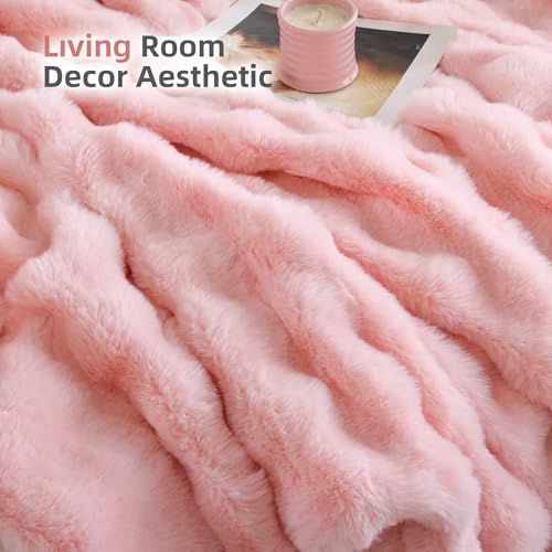 Smoofy Faux Fur Throw Blanket for Couch – Blush Pink Fluffy Cozy Rabbit Fleece, Plush Soft Bubble Blanket for Sofa & Bed, for Mom, Warm Fuzzy Home Room Decor Throw 50" x 60"