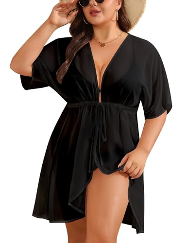 SWOMOG Plus Size Swimsuit Cover Up Women Chiffon Kimono Bikini Coverups Cardigan Open Front Summer Beachwear Swimwear