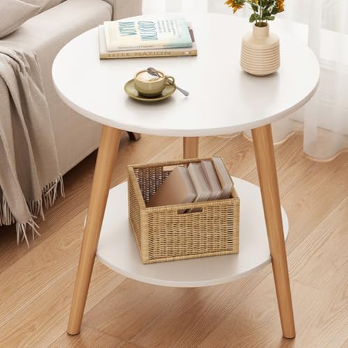Auyyhuiサイドテーブル 丸テーブル おしゃれ ローテーブル ドサイドテーブル サイドテーブル 2段小さなラウン 北欧 白 コーヒー テーブル 耐久性 防水性 木目調 小物置き 幅40×奥行40×高さ52cm 簡単組立B2