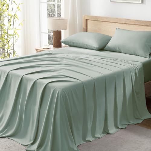 Image of Andency Sage Green Queen Sheets Set 100% Viscose Derived from Bamboo | Cooling Summer Sheets, Deep Pocket Up to 16 inch, Silky Soft Hotel Luxury Breathable Bedding Sheets & Pillowcases