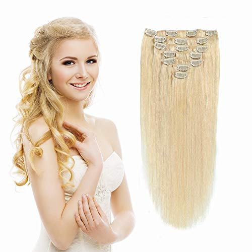 IVCoco Clip In Hair Extensions Human Hair 7 Pieces 100% Remy Straight Human Hair Clips on 70g Thick Human Hair 14 inch Blonde Hair Extensions for White Women Human Hair Extensions Clip(16clips #613）