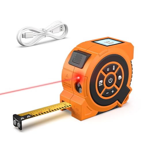 3-in-1 Digital Laser Tape Measure 328Ft Rechargeable Measuring Tool & 16Ft Auto-Lock Tape Measure Movable Magnetic Hook with Area/Volume/Pythagorean, Ft/in/M/Ft+in for Construction, Woodworking, Home