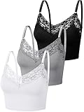 3 Pcs Bencailor Lace Bralette Cami Crop Tops - V-Neck Tank Top with Adjustable Spaghetti Straps (Medium, Black, White, Gray)