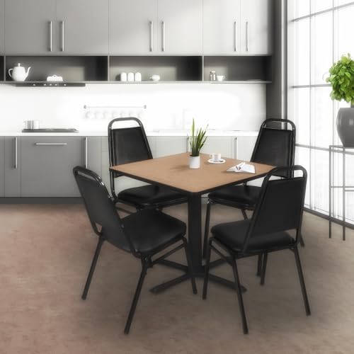 Image of Romig Pillar 48 in. Square Breakroom Table- Noble Oak & 4 Restaurant Stack Chairs- Black