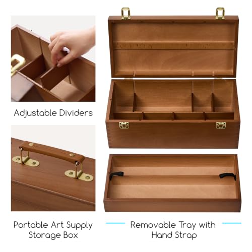 Image of MEEDEN Large Wooden Tool Storage Box: Portable Art Supply with Handle | Beech Wood Art Supply Case - Built-in Removable Tray & Compartments Toolbox Case for Artists and DIY Craft Sewing Supplies
