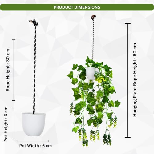 Image of fancymart Artificial Hanging Ivy Plant with White Hanging Pot & Rope, 60 cm Height, Pack of 2, Realistic Green Leaf Creeper for Home, Office, Living Room & Wall Decor