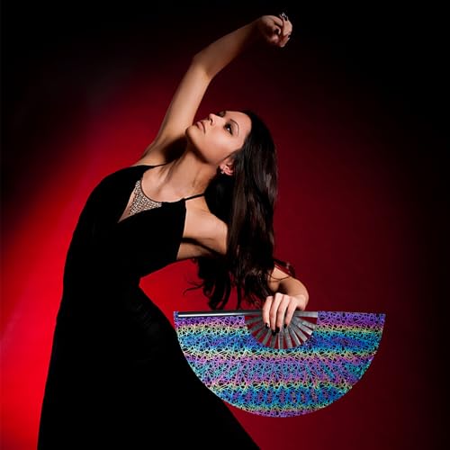 Image of FairySandy Large Rave Fan UV Glow Clack Summer Hand Fan with Thigh Holster for Women Carnival Party Supplies for Carnival Edm Music Festival Club Accessories(Reflective Ripple,Blue Purple)