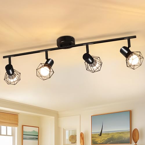 Glitzerlife Deckenstrahler 4 Flammig Deckenlampe Schwarz - Deckenspots Vintage Retro E14 Industrie Schwenkbar 350°Deckenleuchte Matt Metall Innen für Wohnzimmer Jugendzimmer Schlafzimmer Küche