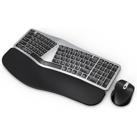 MK960 Ergo Wireless Keyboard Mouse Combo, Bluetooth/2.4G Split Design Keyboard with Palm Rest and 4 Level DPI Adjustable Wireless Mouse, Multi-Device, Rechargeable, for Windows/Mac/Android(Silver) Cover