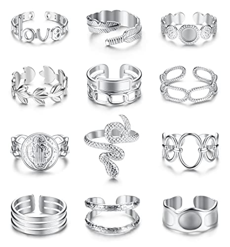 FIOROYAL 12 Pcs Bagues Empilables en Acier Inoxydable - Bagues Midi Boho Bague Ouvert Reglable Bague Chevaliere Bagues de Promesse de Mariage Argent