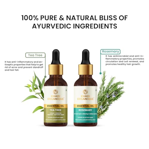Image of Khadi Organique Rosemary Essential Oil & Tea Tree Essential Oil Combo For Potential Hair Growth, Hair Fall Control & Reduce Dark Spots | Therapeutic Grade Essential Oils for all Skin Types - 2x15ml