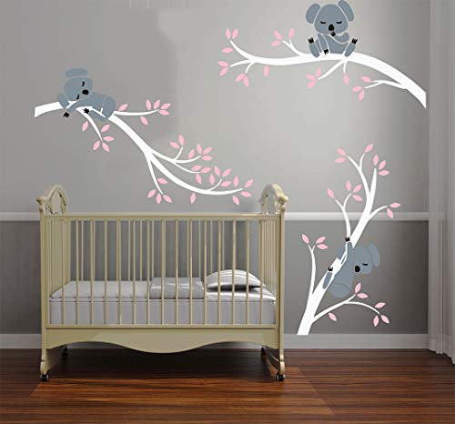 LUCKKYY Three Koalas Tree Branches Wall Decal Wall Sticker Baby Nursery Decor Kids Room Decoration (White+Pink)