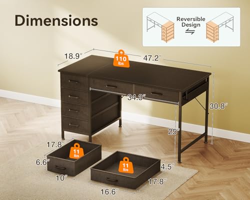 Image of ODK Computer Desk with 6 Drawers, 48 Inch Office Desk with Storage, Reversible Desk with Headphone Hook for Home Office, Work Study Table for Bedroom, Black