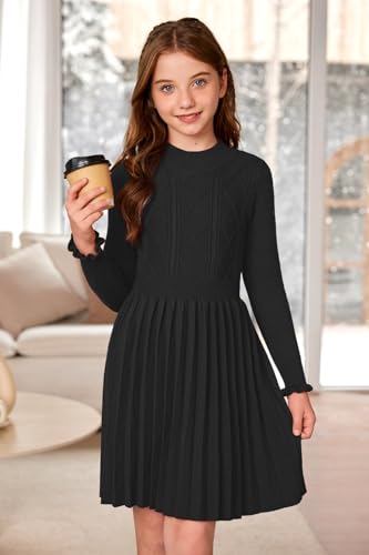 Girls Cable Knit Mock Neck Sweater Dress Fall Winter Long Sleeve Casual Dresses 5-14 Years2