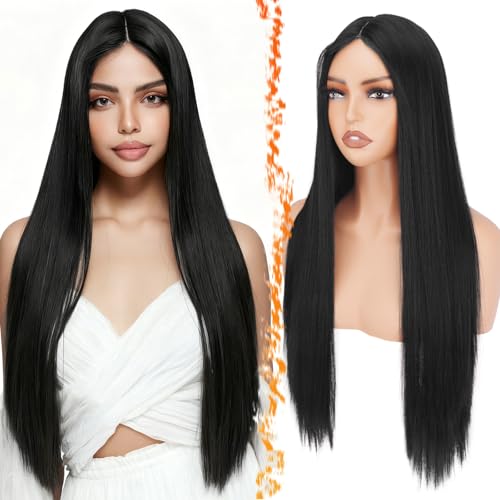BARSDAR Lange Gerade Schwarz Perücke Kostüm Perücke Synthetische Lange Schwarz Perücken mit Mittelscheitel für Damen 76cm Natürliches Aussehen Dick Weich Alltag Party Halloween