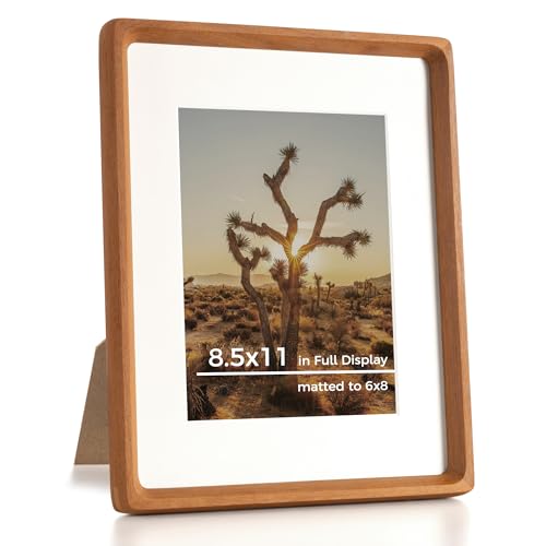 RICHFOCUS 8.5x11 Picture Frame USA-Sourced Natural Teak Solid Wood Photo Frame Handcrafted Rounded Corner Wooden Frame with Real Glass Display Photos 6x8 with Mat or 8.5x11 Without Mat
