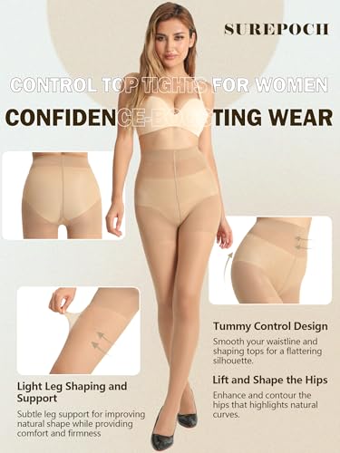 Image of SUREPOCH 20D Sheer Tights Control Top Black Pantyhose for Women Tummy Control Nylon Stockings