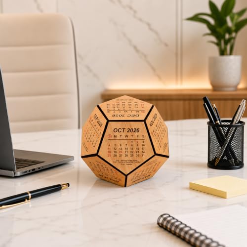 Image of Gift Kya De 2026 Wooden Pentagon Desk Calendar | Premium 3D Big Size Table Calendar | Bamboo Wood Eco-Friendly Office Desk Decor | Unique Corporate Gift | Made in India (8x8 inch big size)