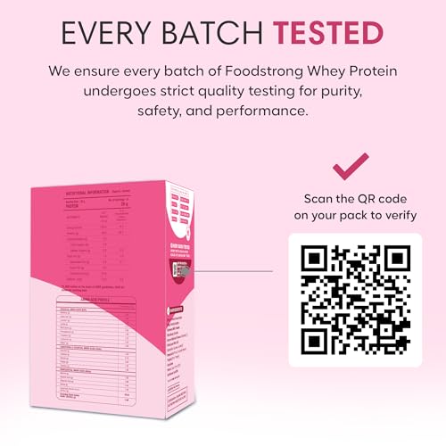 Image of Foodstrong Whey Protein Powder (Concentrate + Isolate), 100% Hormone Free Grass-Fed Whey, 26G Protein & 6.6G BCAA, Strawberry, With Turmeric & Digestive Enzymes, 6 Sachets, 210G