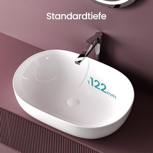 EMKE Waschbecken – Aufsatzwaschbecken Oval, 60 x 41 x 13 cm, Weiß, Kratzfest Waschbecken Bad, Leicht zu Installieren & Reinigen, Waschtisch für Bad & Gäste-WC