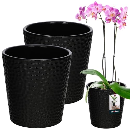 KOTARBAU® 2er Set Blumentopf Schwarz Keramik glasiert ⌀ 9,5 cm Höhe: 11 cm Orchideentopf Keramik Blumentöpfe Keramik Blumentopf Keramik Pflanztopf Blumentopf modern Blumentöpfe Zimmerpflanzen