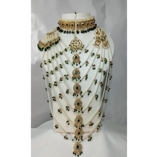 Image of TAZAKKA satlada traditional indian seven stand pearl necklace mughal hisporicall with jadavi earrings side jhumar maang tikka 5pies set