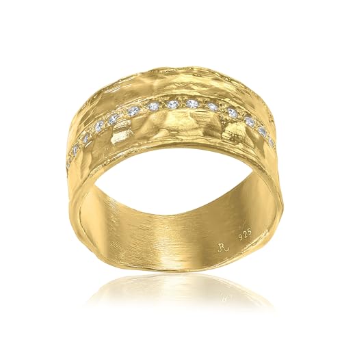 Jean Rachel Jewelry 14K Gold Plated Sterling Silver Ring with 0.13 TCW Cubic Zirconia - Vintage Design Half Eternity Band Hammered Statement Rings for Women - Hypoallergenic,Lead & Nickel Free Jewelry4