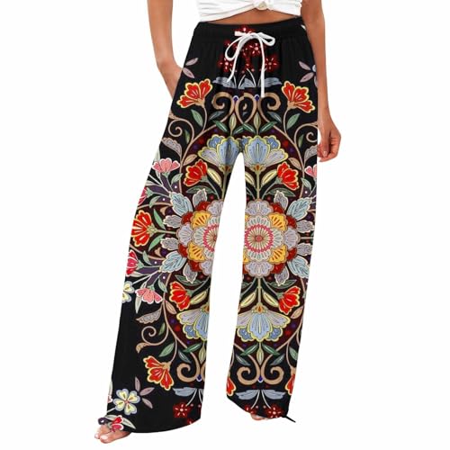 akwuiopt Pantalones palazzo de pierna recta para mujer, pantalones bohemios de pierna ancha, pantalones de algodón con cordón elástico en la cintura, pantalones de trabajo de longitud completa