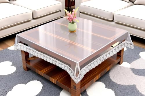 Image of The Furnishing Tree Square Shaped Center Transparent Table Cover Size 36x36 inches 0.25 mm Thickness with White Lace