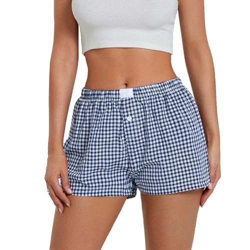 Geagodelia Damen Karierte Pyjama Shorts Boxershorts Sexy Sommer Schlafshorts Kurze Hose Leichte Pyjamahose Schlafhose Y2k Lounge Shorts (A - Dunkelblau, M)
