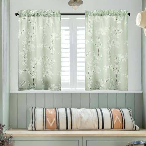 Image of FMFUNCTEX Green White Kitchen Tier Curtains 24 Inch Length Blossom Print Half Window Drapes for Bathroom Floral Patterned Light Filtering Privacy Protected Cafe Curtain Panels Rod Pocket 2 Panels