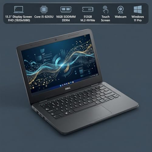 Image of Dell Latitude 3310 13.3-Inch 1920 x 1080 FHD Touch Screen Laptop, Core i5-8265U, 16GB DDR4 RAM, 512GB M.2 NVMe SSD, HDMI, Windows 11 Pro, Webcam, Business Laptop (Renewed)