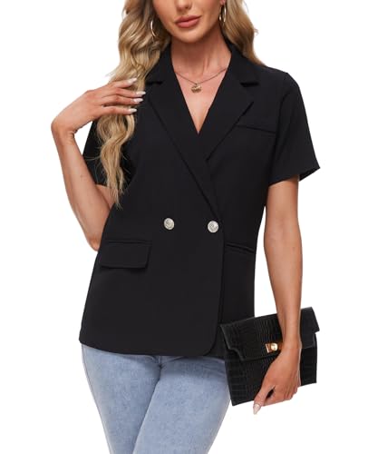 MINTLIMIT Blazers for Women Button Pockets Notch Lapel Blazer Jacket Lightweight Short Sleeve Suit Jacket for Daily/Work,Black,S4