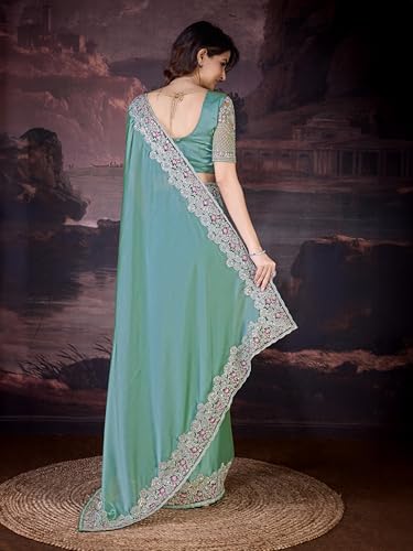 Image of TRENDMALLS Women's Designer Rangoli Silk Embroidered Saree with Floral Cutwork Border, Sequin Work and Unstitched Blouse Piece For Women