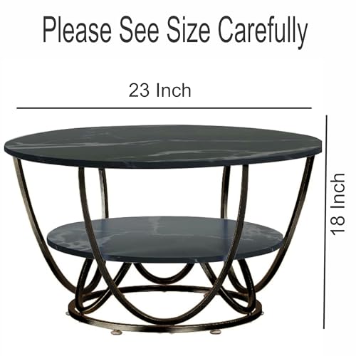 Image of OFHEQEUWIN Round Coffee Tables Accent Center Table Sofa Side Tea Table with 2-Tier Storage for Living Room Office Desk Balcony Wood Desktop and Metal Legs (Full Black)