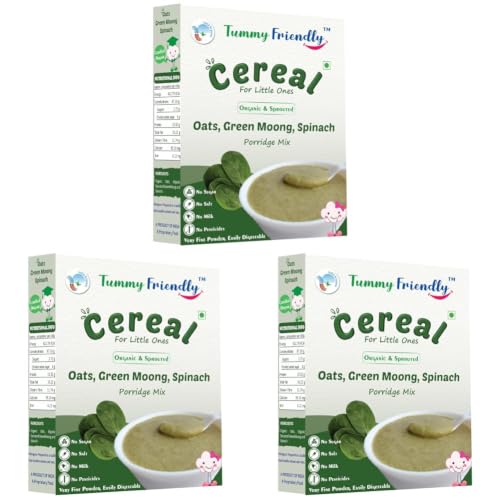 Image of TummyFriendly Foods Certified Organic Oats, Sprouted Green Moong, Spinach Porridge Mix | Made of Sprouted Whole Green Moong, Spinach | Organic Oats for baby 8 months and 1 year old | Rich in Protein and Iron | No Sugar, No Salt, No Milk, No Chemicals, No Pesticides & No GMO | Maximum Possible Nutrition From Real-Food | 9 Month Shelf Life | 200g