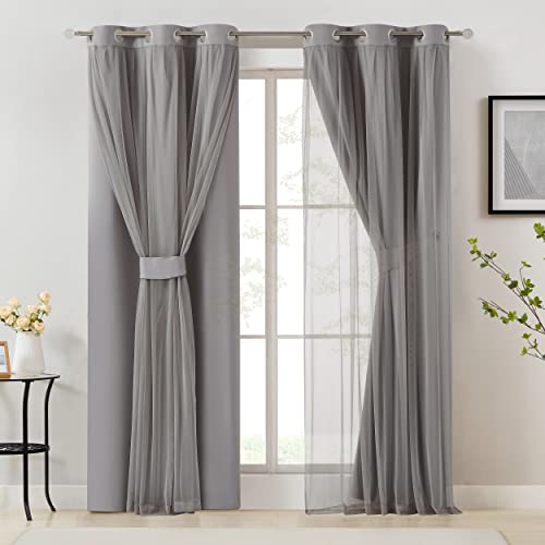 Image of Bujasso Grey 90% Blackout Curtains with Sheer Overlay Mix and Match Double Layer Window Curtains Thermal Insulated 84 inch for Living Room Bedroom Gray Drapes with Tiebacks Grommet Top 37 inch Wx84 Lx2